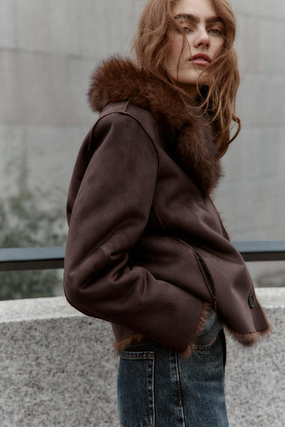 VESTE RÉVERSIBLE EFFET DAIM ET FOURRURE SYNTHÉTIQUE